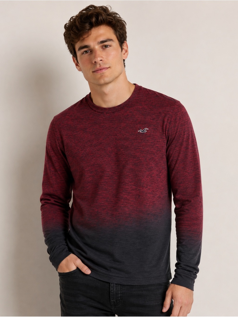 Hollister Maroon Ombre Long Sleeve T-Shirt XL Men’s Logo Crew Neck Casual